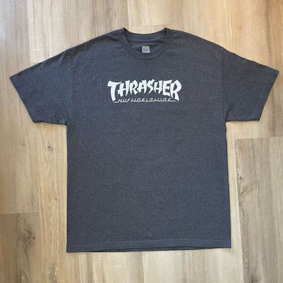 Thrasher Huff Worldwide Men’s XL Skate Grey Short Sleeve T-Shirt Gothic Devil - Picture 1 of 4